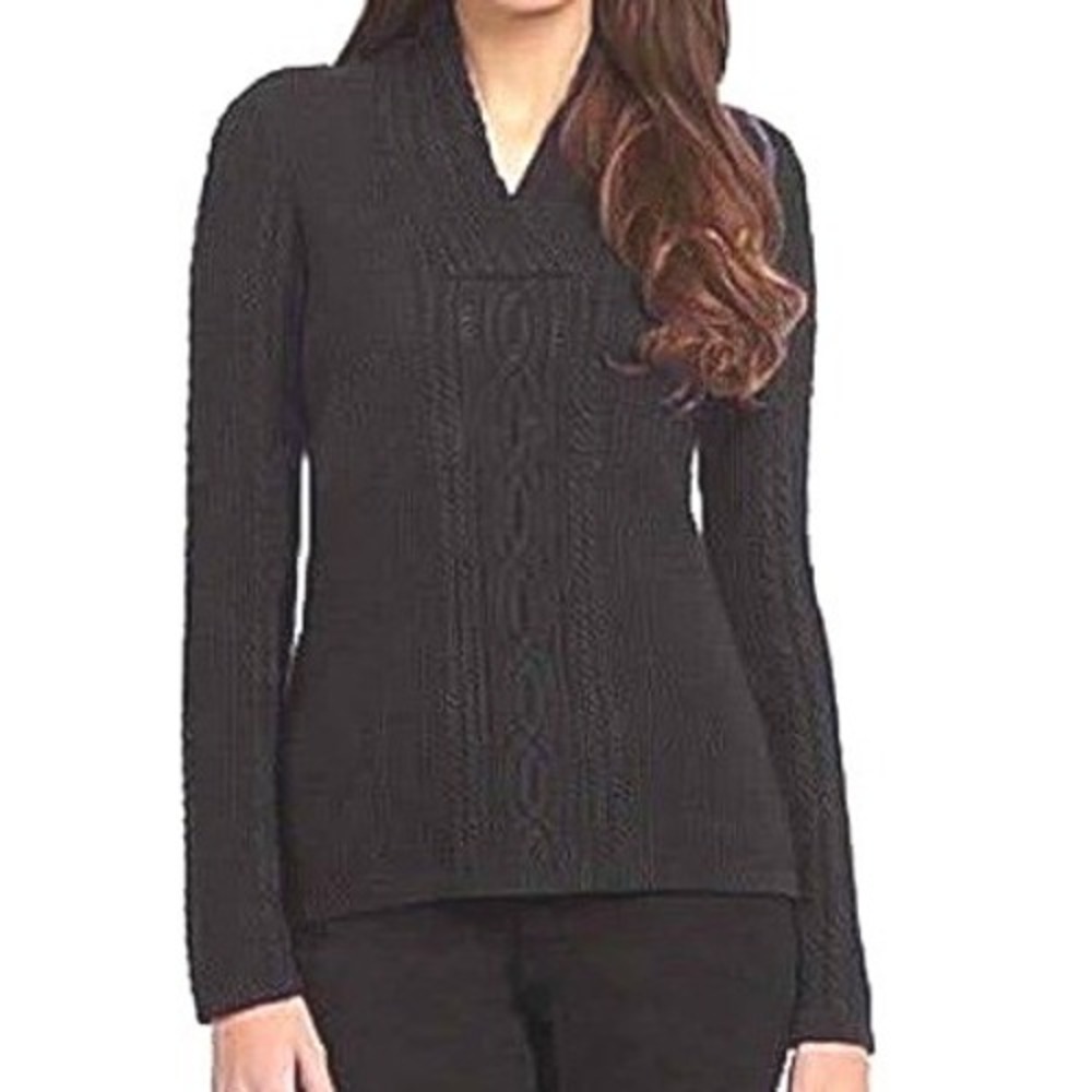 Nautica Women Black Shawl Collar Fisherman Cable Knit Long Sleeve Sweater Size L